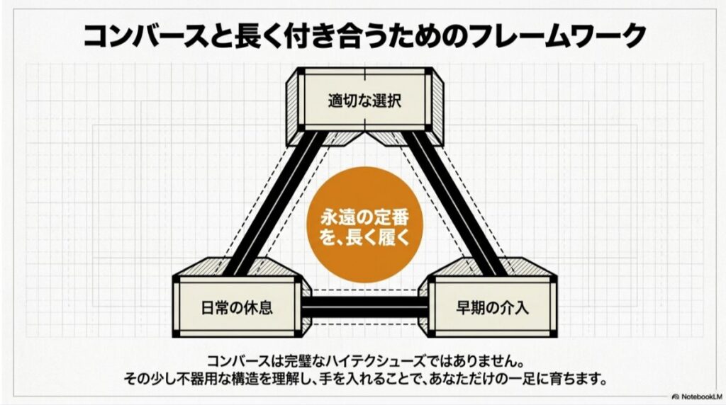 コンバースを長く履くために、適切な選択、早期の介入、日常の休息を組み合わせる考え方