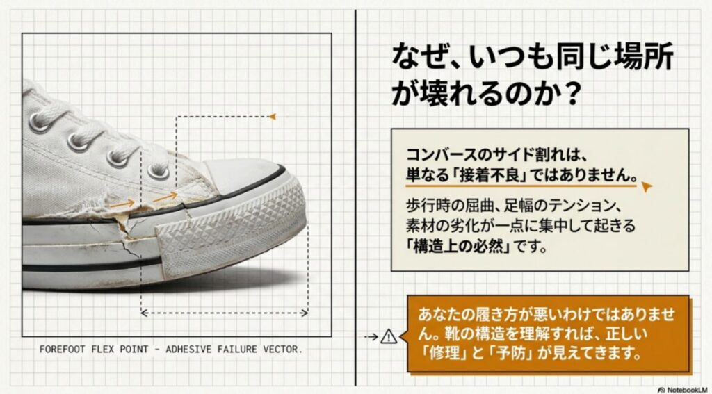 コンバースのサイド割れが歩行時の屈曲や足幅、素材劣化で同じ場所に起きる仕組み