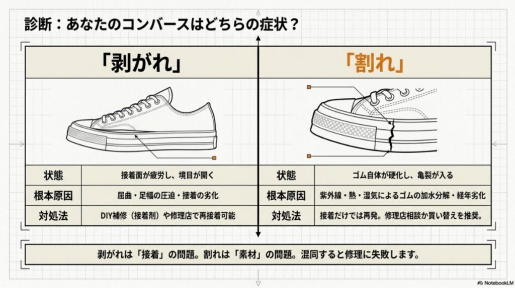 コンバースのサイドテープ剥がれとゴム割れを比較し、原因と対処法の違いを示した診断図