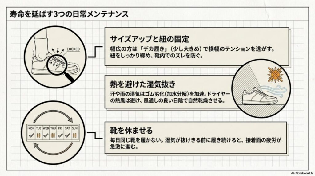 コンバースのサイド割れを防ぐためのサイズ調整、湿気抜き、ローテーション履きのメンテナンス方法