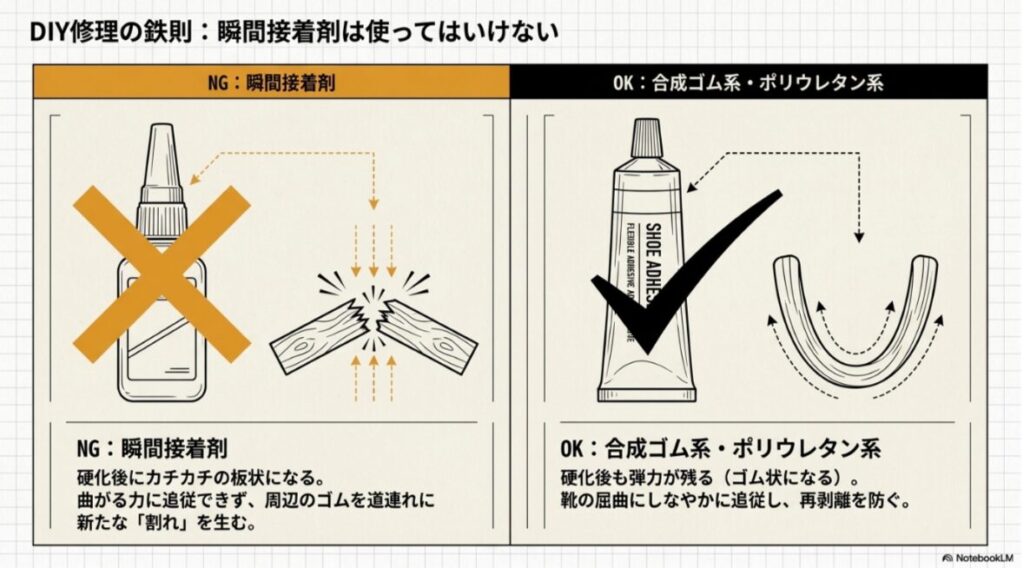 コンバースのサイドテープ修理では瞬間接着剤を避け、合成ゴム系やポリウレタン系接着剤を選ぶべき理由