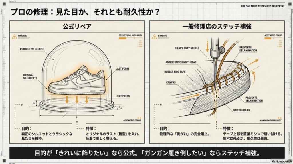 コンバースの公式リペアと一般修理店のステッチ補強を比較し、見た目重視か耐久性重視かを示す図
