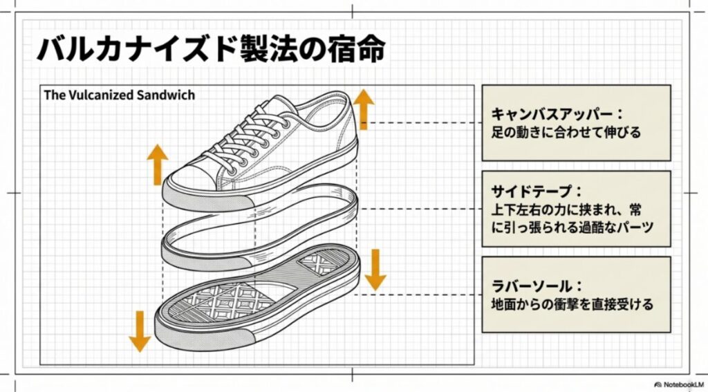 コンバースのバルカナイズド製法でアッパー、サイドテープ、ラバーソールに力がかかる構造図