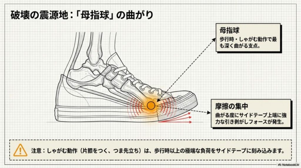 歩行やしゃがむ動作で母指球付近が曲がり、コンバースのつま先横に負荷が集中する図
