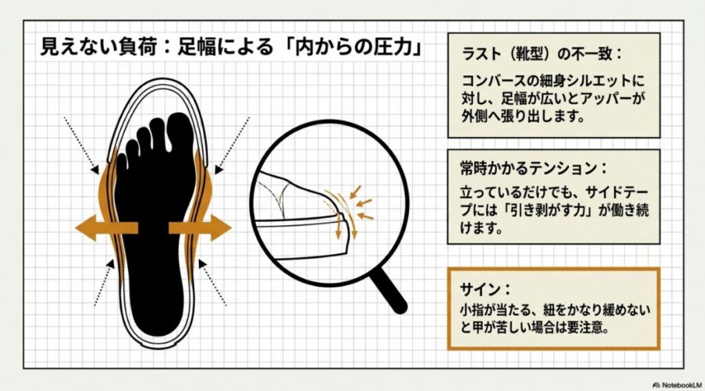 幅広の足がコンバースのアッパーを内側から押し広げ、サイドテープに負荷をかける図