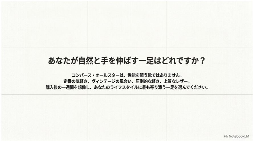 定番の気軽さ、ヴィンテージの風合い、軽さ、上質なレザーから、自分の生活に合うオールスターを選ぶよう促すまとめ画像