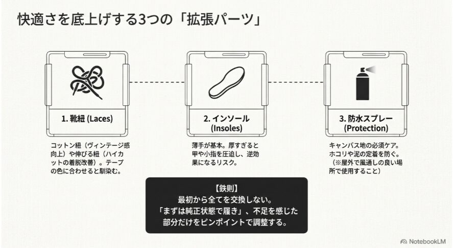 靴紐、薄型インソール、防水スプレーによるオールスターの調整方法と、純正状態から試す原則を示した図