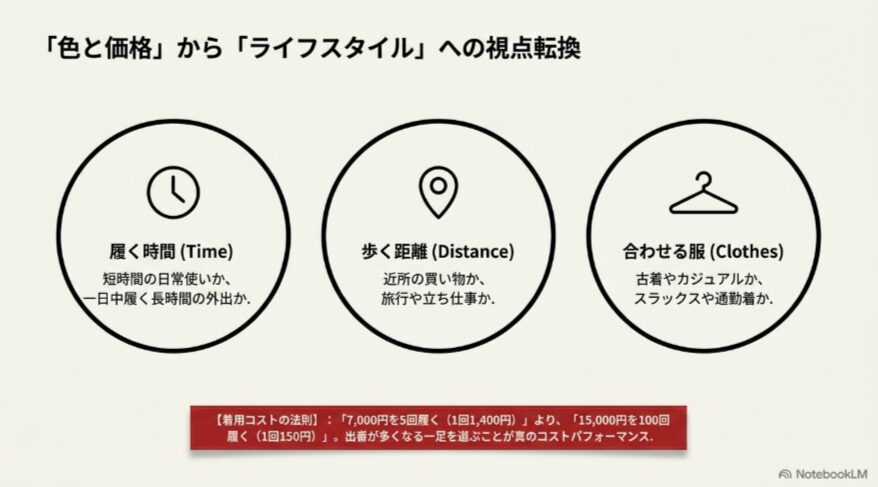 履く時間、歩く距離、合わせる服と1回あたりの着用コストからオールスターを選ぶ方法を示した図
