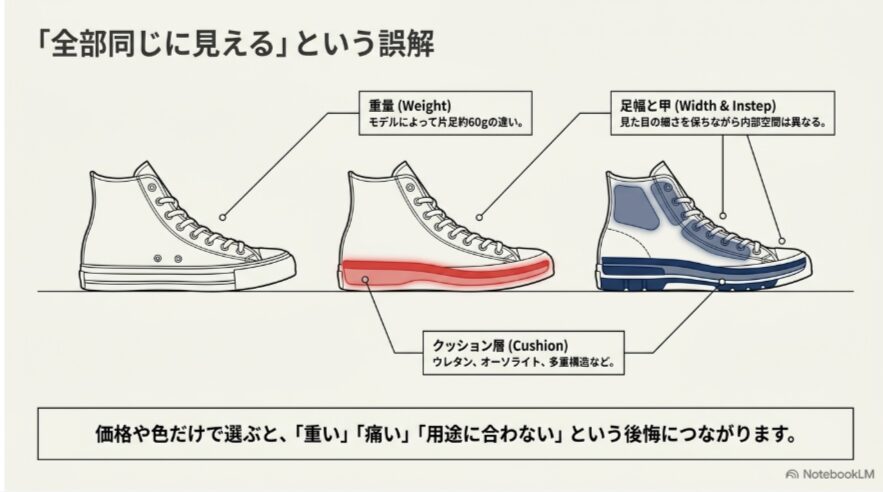 3種類のオールスターを並べ、モデルによる重量、クッション構造、足幅と甲周りの違いを比較した図
