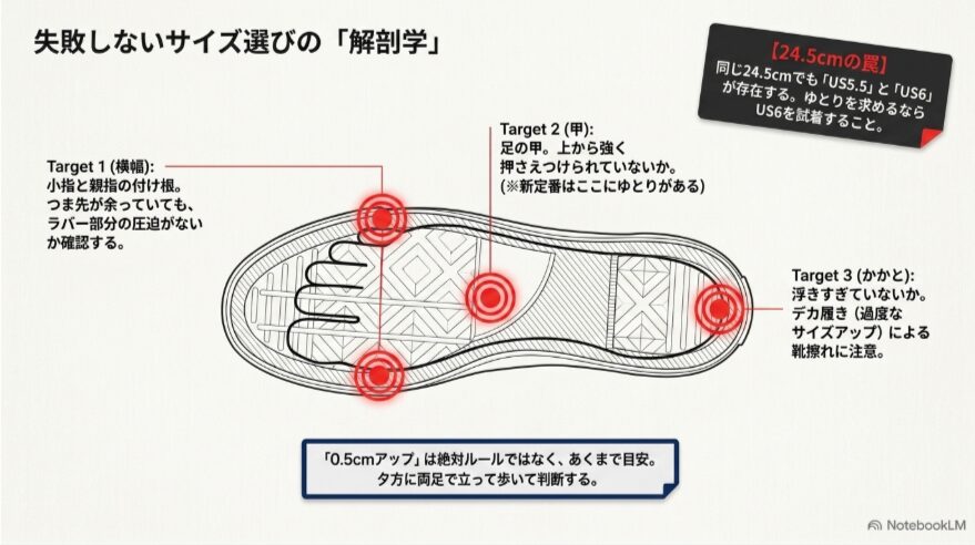 足裏の図を使い、小指と親指の付け根、足の甲、かかとの浮きを確認するサイズ選びと24.5cm表記の注意点を示した図