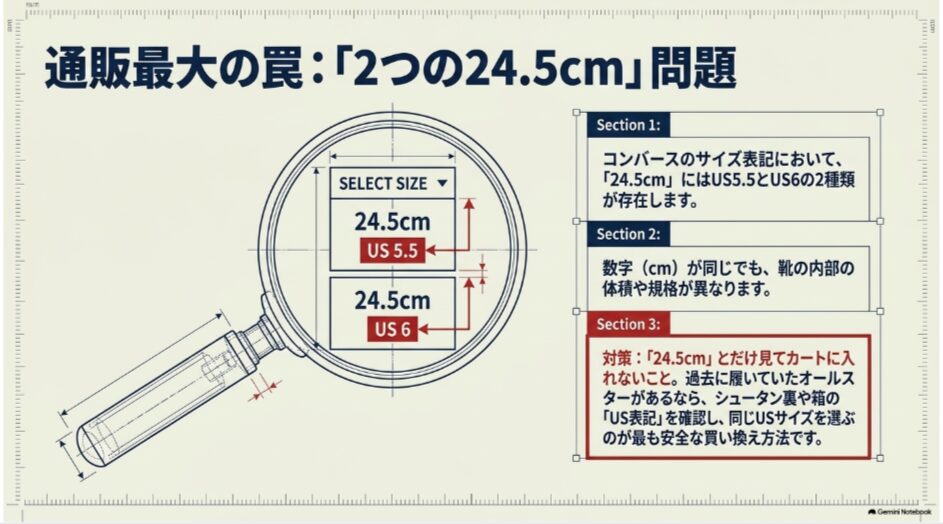 コンバースオールスターの24.5cmにUS5.5とUS6の2種類があることと、通販で確認するポイントを示した図