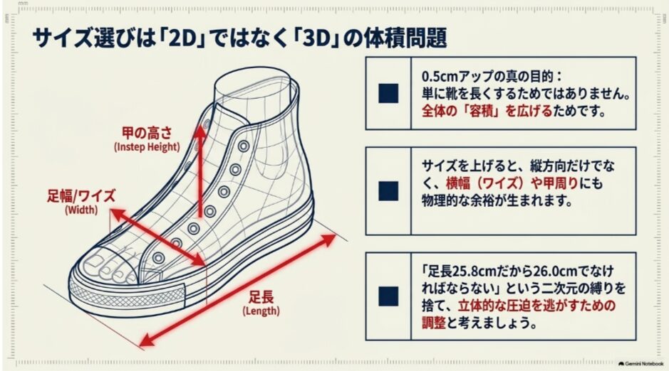 コンバースオールスターの足長、足幅、甲の高さを立体的に示し、0.5cmアップで靴全体の容積が広がることを説明した図