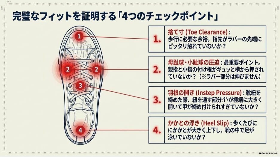 コンバースオールスターの捨て寸、母趾球・小趾球の圧迫、甲の開き、かかとの浮きを確認する4つのチェックポイント
