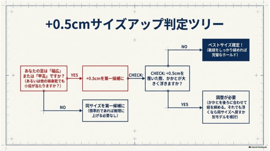 幅広や甲高か、0.5cmアップ時にかかとが浮くかを順に確認するコンバースオールスターのサイズ判定フローチャート