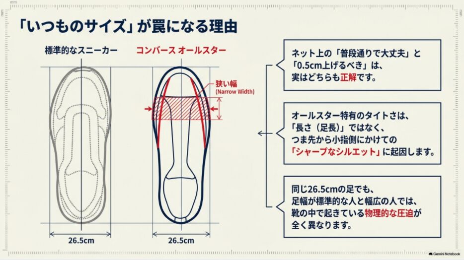 標準的なスニーカーとコンバースオールスターの横幅を比較し、つま先から小指側が細く感じやすい理由を示した図