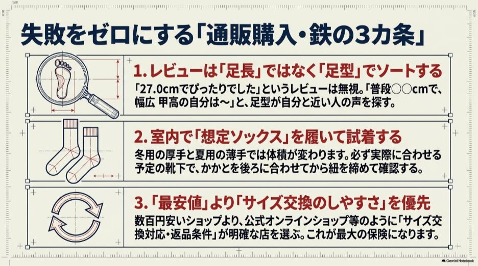 購入者レビューの足型確認、実際に履く靴下での試着、サイズ交換しやすいショップ選びの3ポイントを示した図
