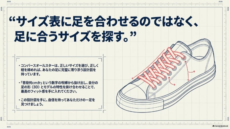 コンバースオールスターはサイズ表の数字だけでなく、自分の足型とモデル特性から適したサイズを選ぶことをまとめたスライド