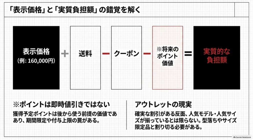 プラダスニーカー購入時の表示価格、送料、クーポン、ポイントを含めた実質負担額の考え方