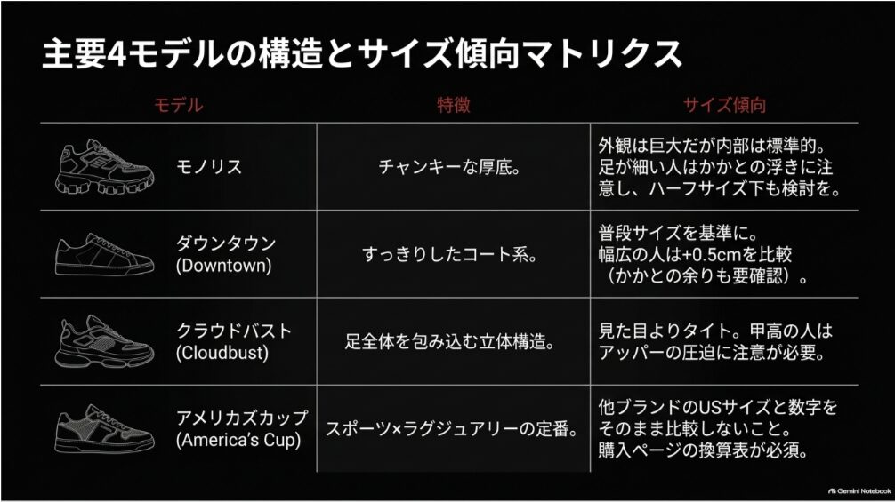 プラダのモノリス・ダウンタウン・クラウドバスト・アメリカーズカップのサイズ傾向比較