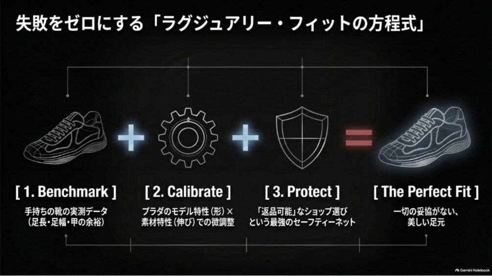 手持ち靴との比較・モデルや素材による調整・返品可能なショップ選びでプラダのサイズ選びを行う流れ