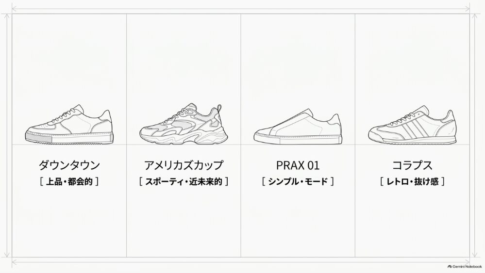 プラダのダウンタウン、アメリカズカップ、PRAX 01、コラプスのデザインと特徴を比較