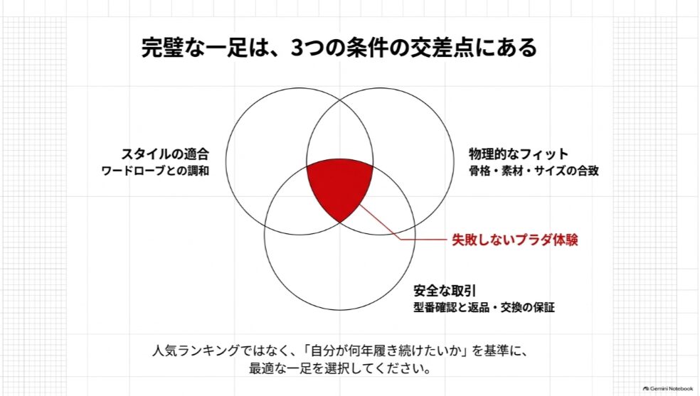 プラダスニーカー選びでは服装との相性、サイズや素材のフィット、安全な購入条件の3点が重要であることを示す図