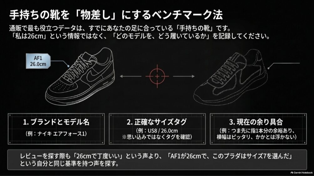 手持ちのスニーカーのモデル名・サイズタグ・余り具合からプラダのサイズを比較する方法