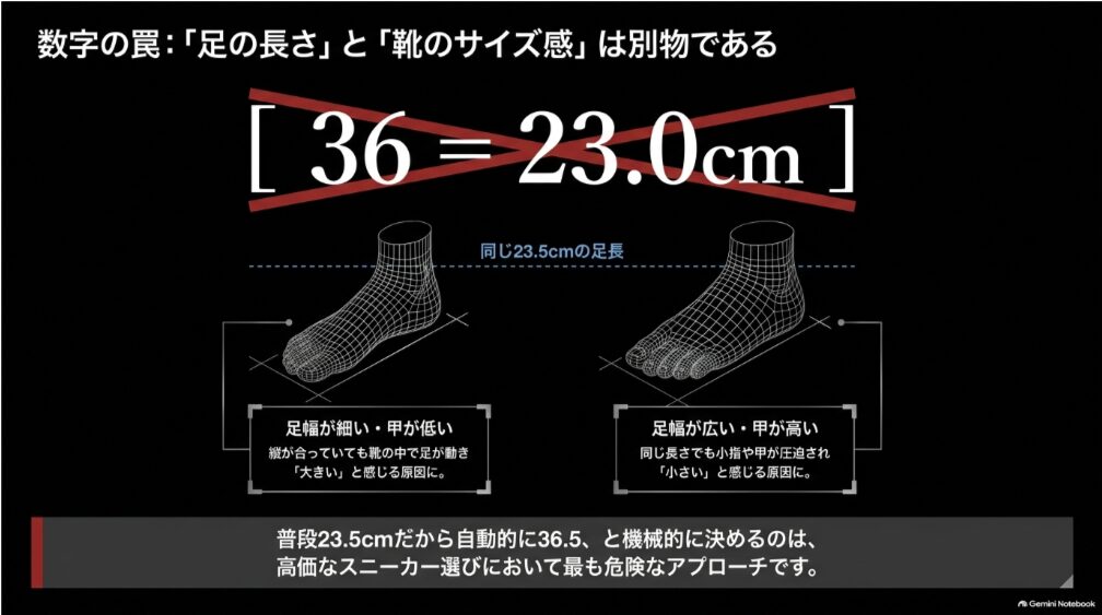 同じ足長でも足幅や甲の高さによってプラダスニーカーのサイズ感が変わることを示した図