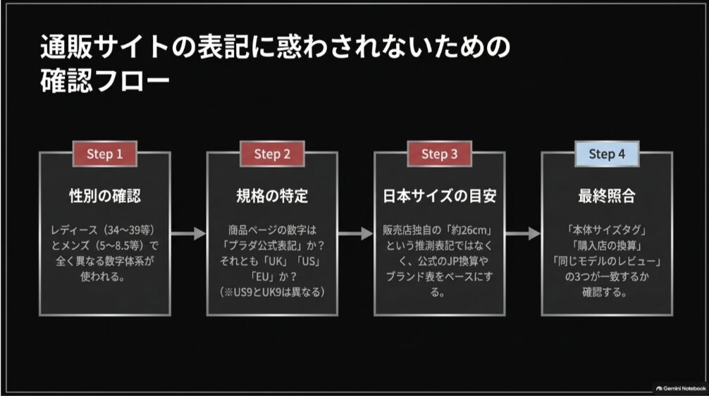 プラダスニーカー通販で性別・サイズ規格・日本サイズ・商品情報を確認する手順