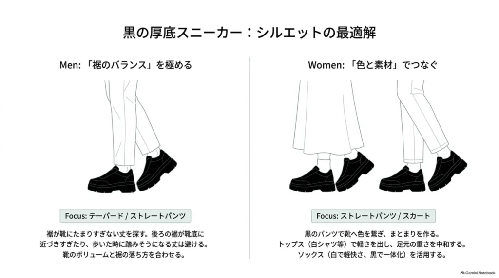 メンズはパンツの裾、レディースは色と素材で黒の厚底スニーカーを合わせる方法