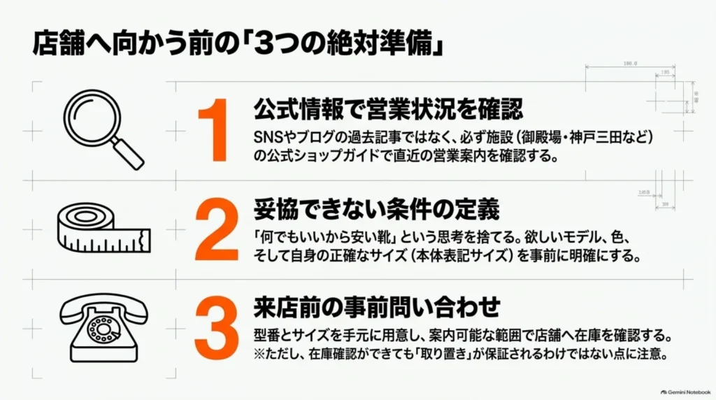 来店前の準備として、公式の営業情報の確認、希望モデル・色・サイズの整理、型番とサイズを用意した在庫問い合わせを示す一覧。
