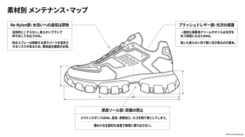 Re-Nylon、ブラッシュドレザー、厚底ソールで避けたい手入れと基本のケア方法