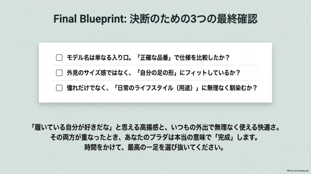 正確な品番、足へのフィット、日常の服や用途との相性を確認する最終チェックリスト