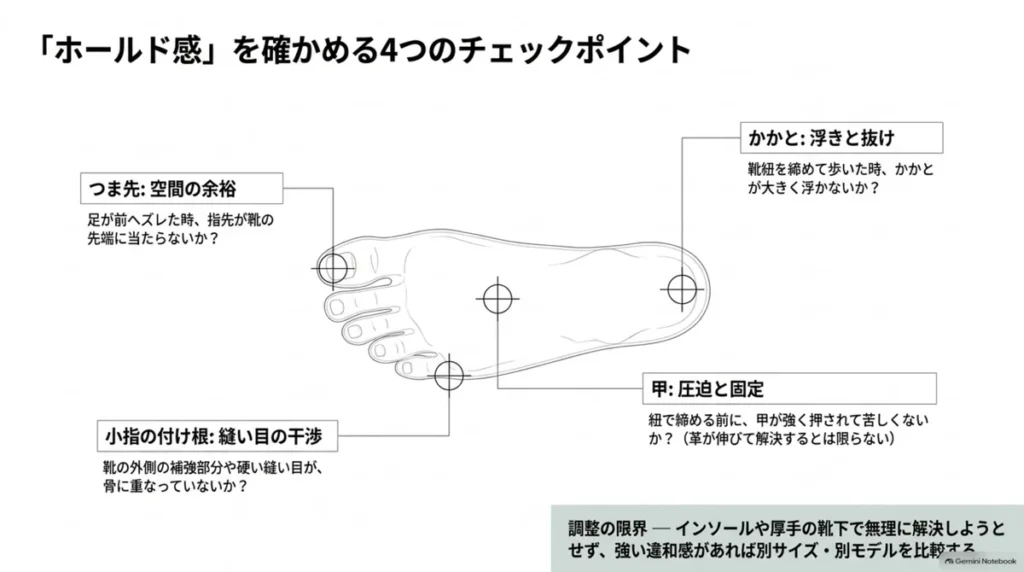 つま先、かかと、甲、小指の付け根で確認するスニーカーのフィット感4項目