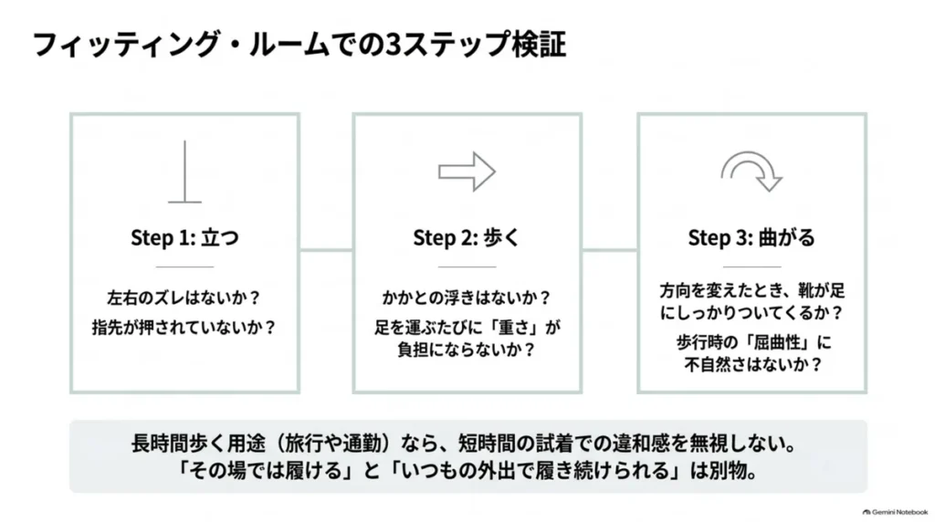 立つ、歩く、曲がるの順に厚底スニーカーのズレや重さ、屈曲性を確認する方法