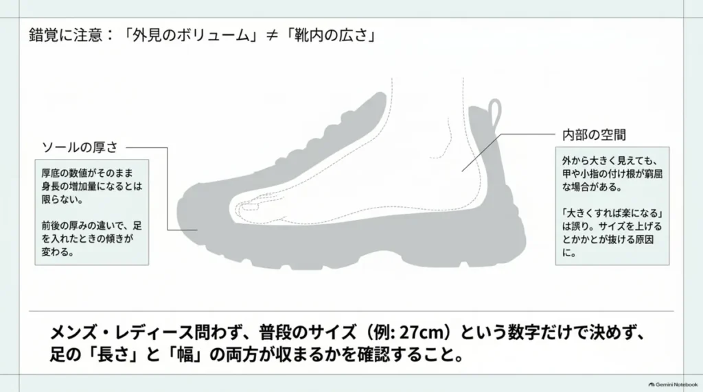 ソールの厚さと靴内部の広さは異なり、足の長さと幅の確認が必要であることを示す図