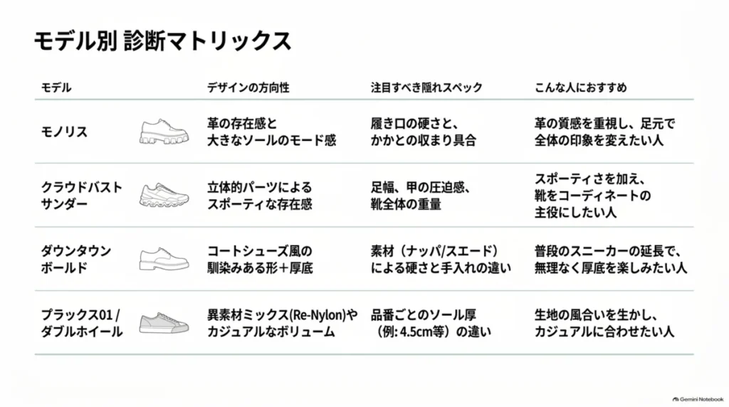 モノリス、クラウドバストサンダー、ダウンタウンボールド、Prax 01、ダブルホイールの特徴比較