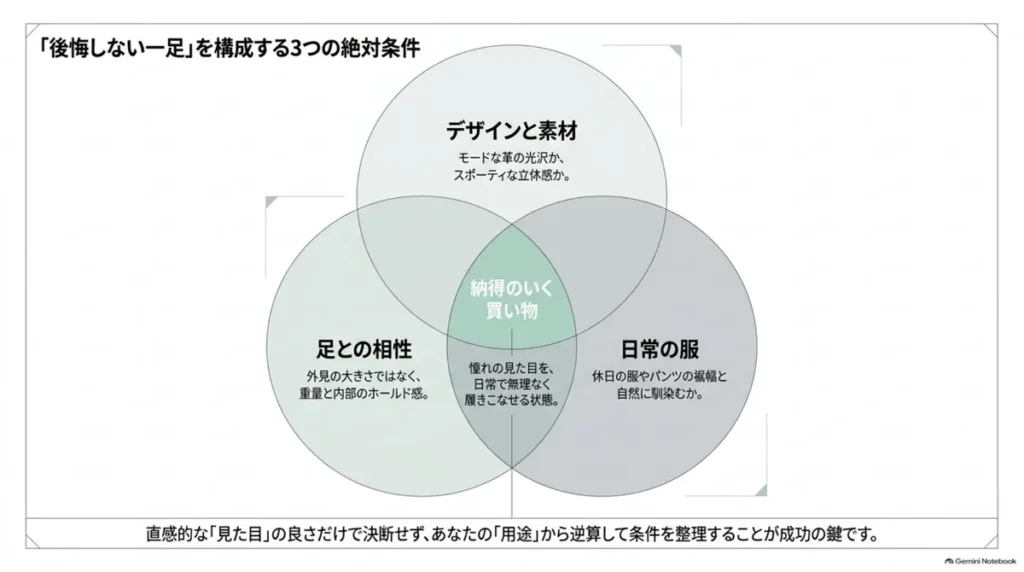 デザインと素材、足との相性、日常の服の3条件が重なる納得のいく選び方