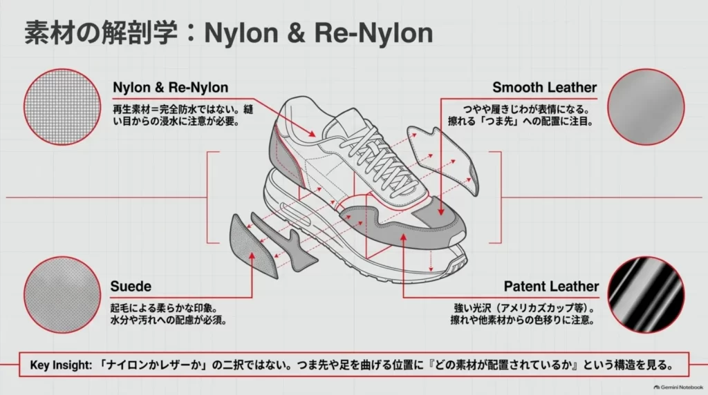ナイロンとRe-Nylon、スムースレザー、スエード、パテントレザーの特徴と配置を示すスニーカーの分解図