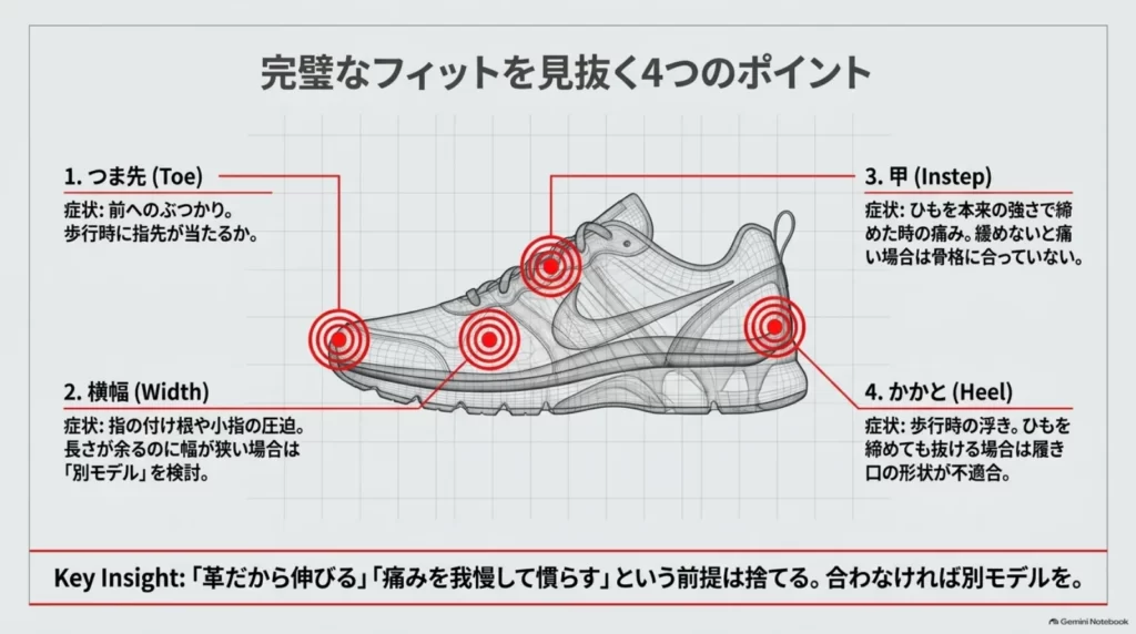 スニーカーの試着で確認するつま先、横幅、甲、かかとの位置と、圧迫や浮きなどの確認項目