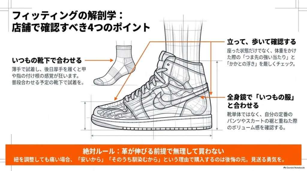 普段の靴下で試着し、立って歩いてつま先やかかとを確認し、いつもの服と合わせる方法を示す図。合わない靴を無理に買わない注意も記載。