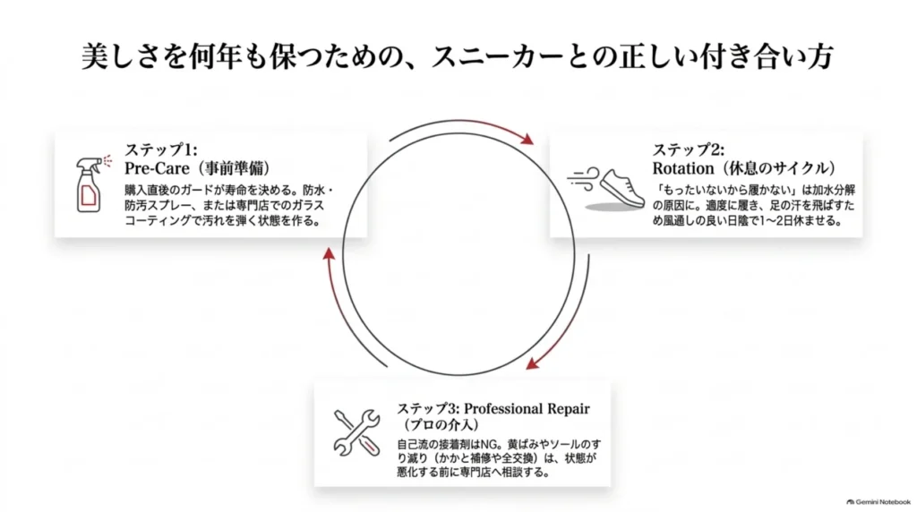 購入直後の防水・防汚対策、履いたあとの風通しのよい日陰での休息、傷みが進む前の専門店への修理相談を循環で示した図