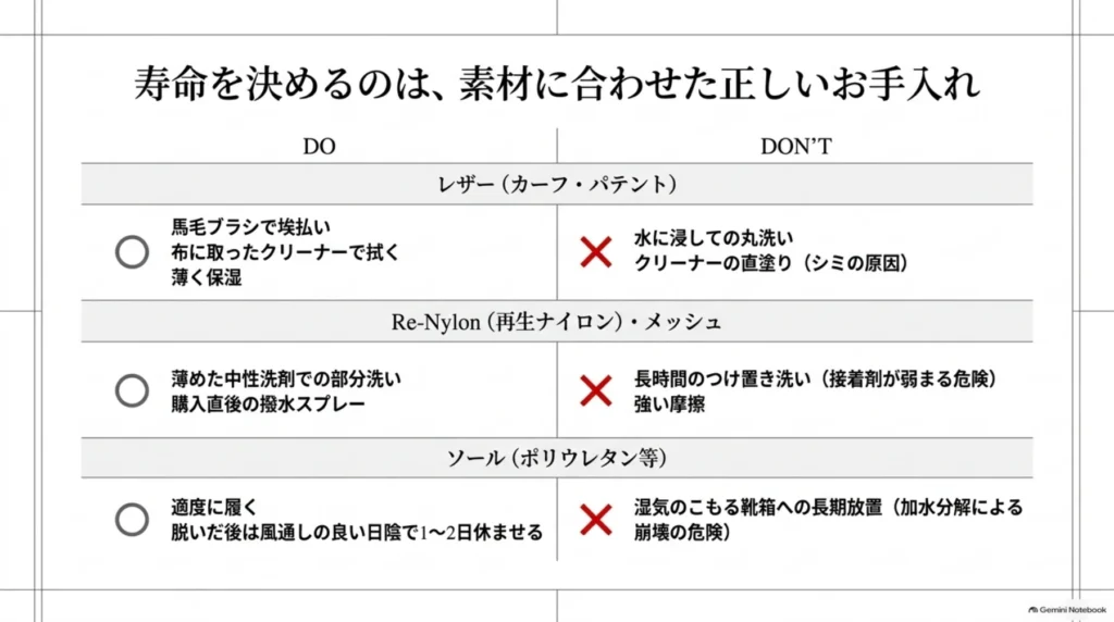 レザー、Re-Nylon・メッシュ、ソールについて、ブラッシングや部分洗い、乾燥などの基本と、丸洗い・長時間のつけ置き・湿気の多い保管などのNG行動を比較