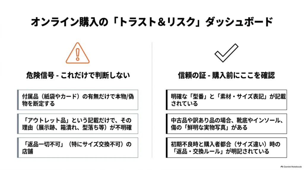 付属品だけでの真贋判断、理由が不明なアウトレット表示、返品不可への注意と、型番・素材・サイズ、実物写真、返品・交換ルールの確認項目を示す一覧。
