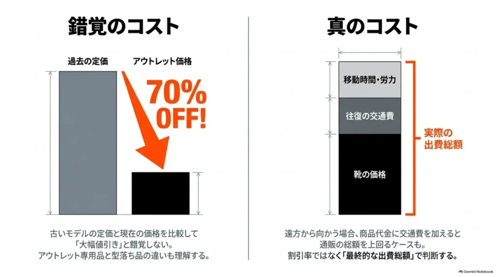 説明用の70%オフ表示と、靴の価格に往復交通費や移動時間の負担を加えた図を並べ、割引率だけで購入を判断しない考え方を示す。