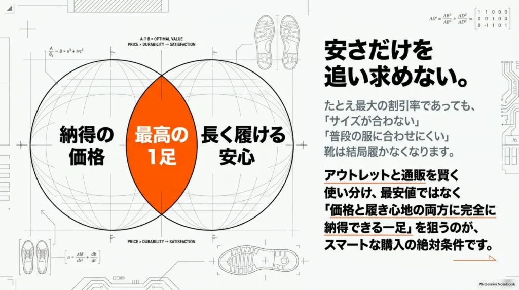 「納得の価格」と「長く履ける安心」の重なりに「最高の1足」を置き、安さだけで選ばない考え方を示す図。