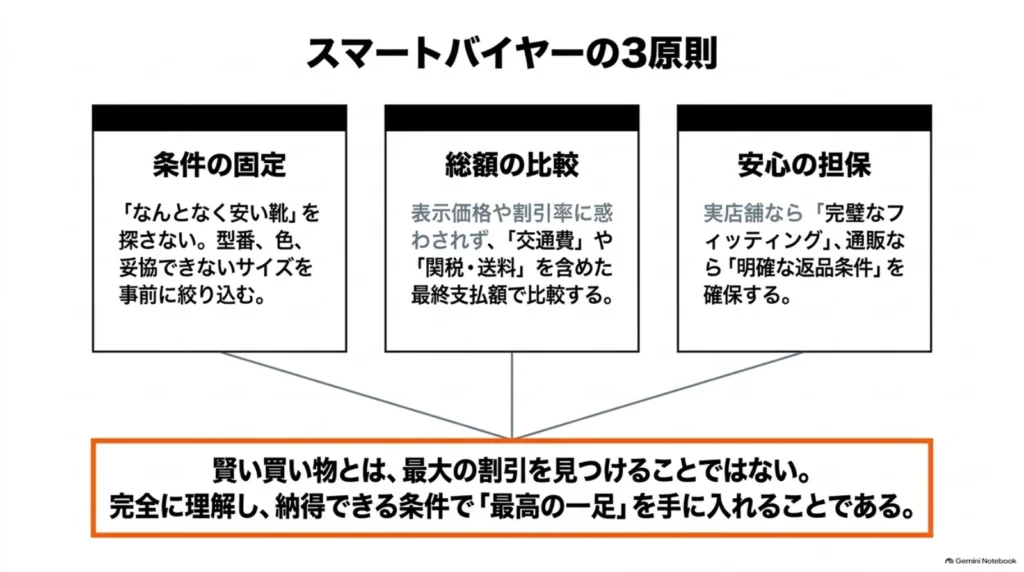 購入の3原則として、型番・色・サイズの条件を絞ること、交通費や送料・関税を含む総額を比較すること、試着や返品条件を確認することを示す図。