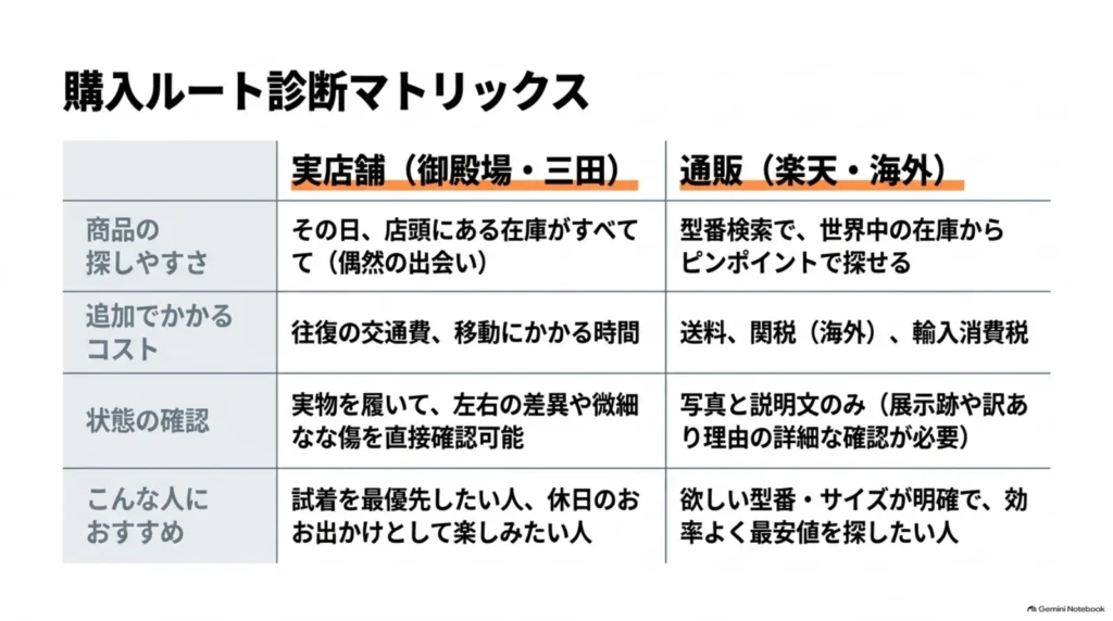 御殿場・三田の実店舗と楽天市場・海外通販を、商品の探しやすさ、追加費用、状態の確認方法、向いている人で比較した表。