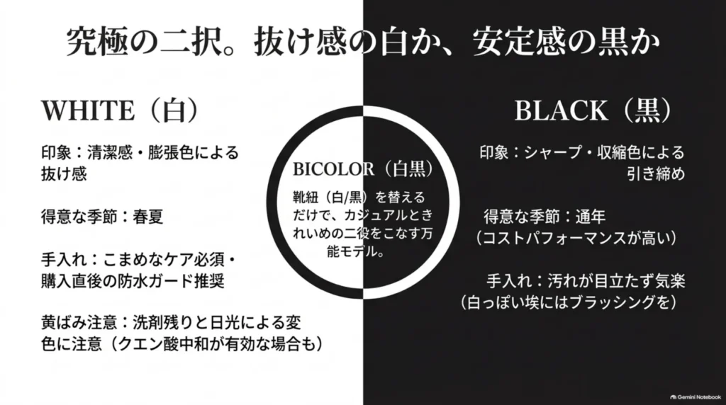 白の清潔感と春夏の抜け感、黒の引き締め効果と通年の使いやすさ、白黒バイカラーの靴ひもによる印象の変化を比較した図