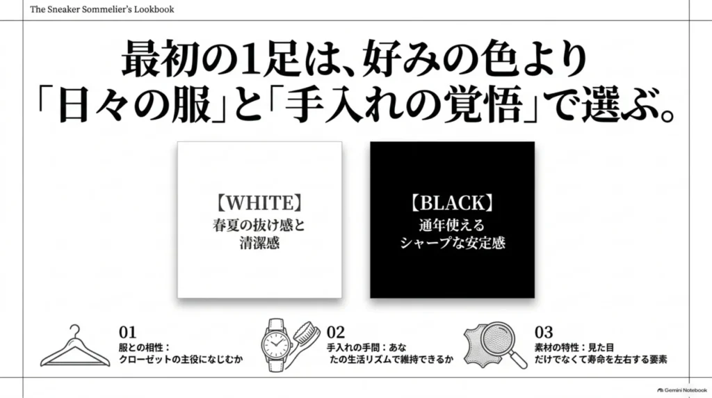 白は春夏の抜け感と清潔感、黒は通年使えるシャープな安定感が特徴。服との相性、手入れの手間、素材の特性で選ぶ3つの基準